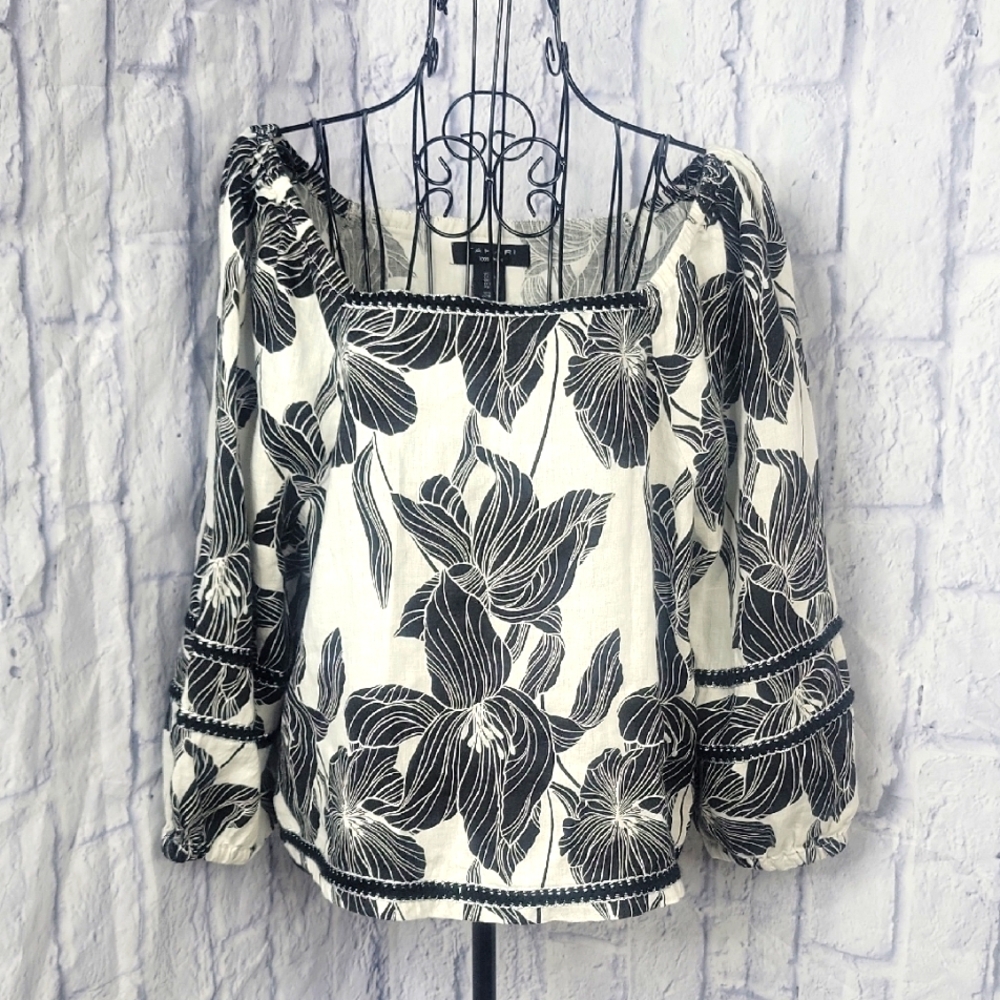 Tahari Large Black Ivory Floral Square Neck Blouse‎ Puff Sleeve Boho